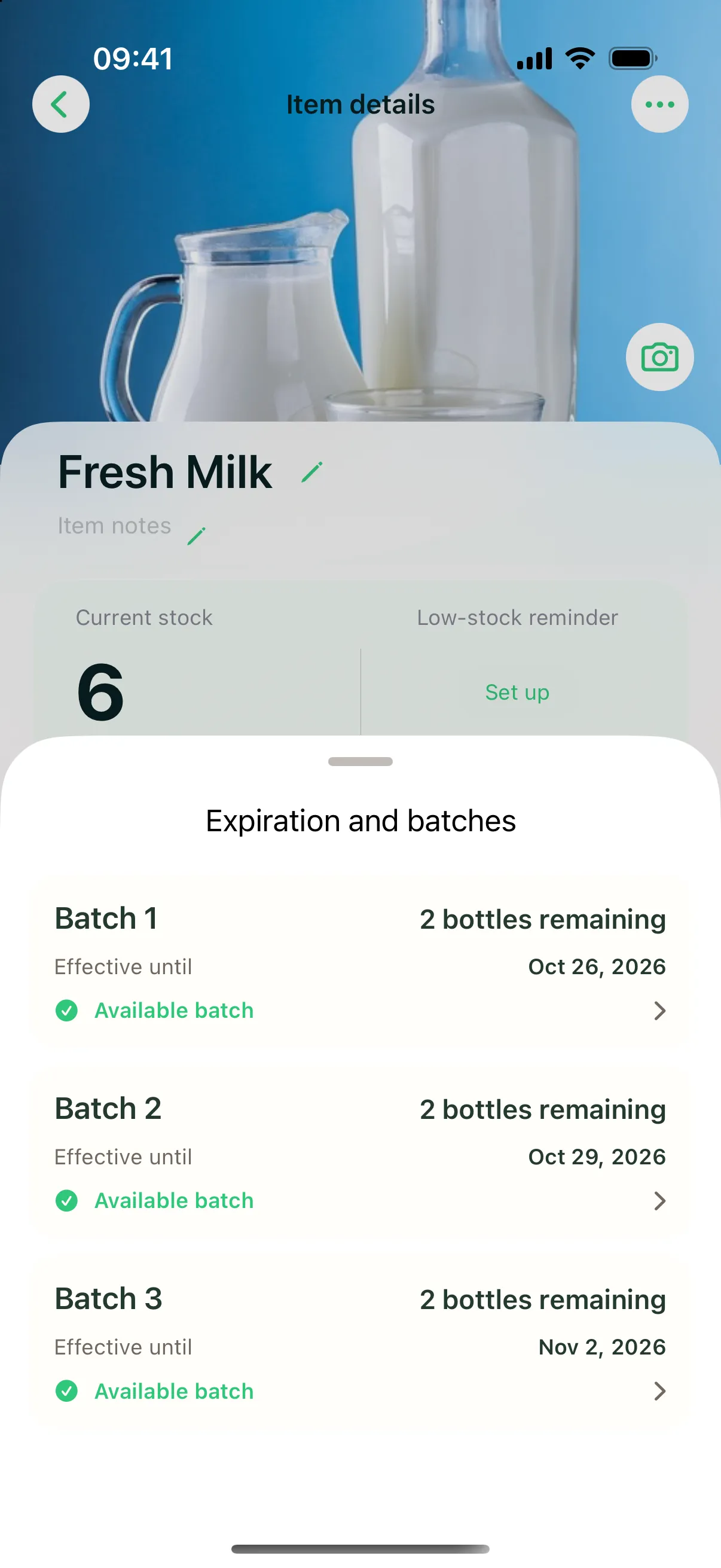 Item detail showing three batches of milk with their dates