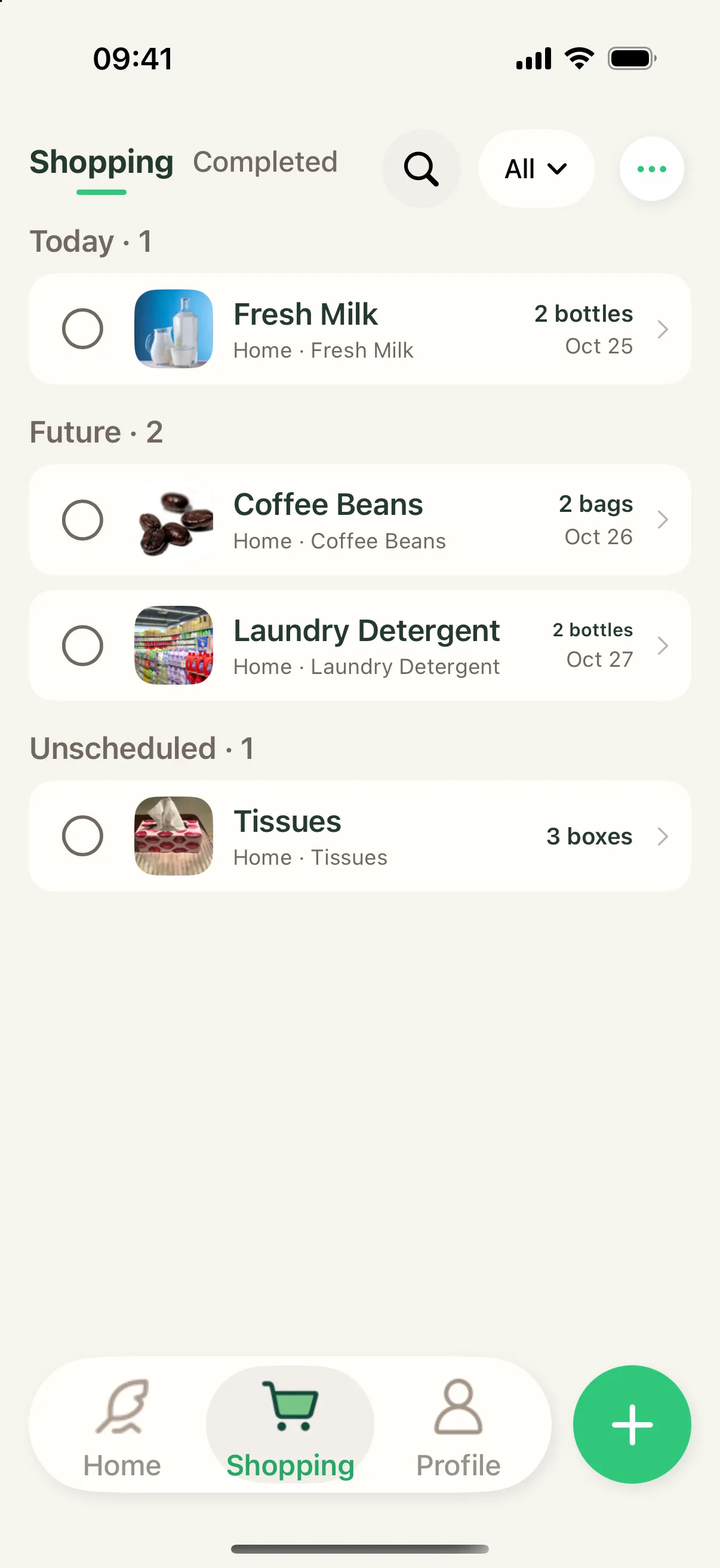 Shopping list grouped into today, upcoming and unscheduled